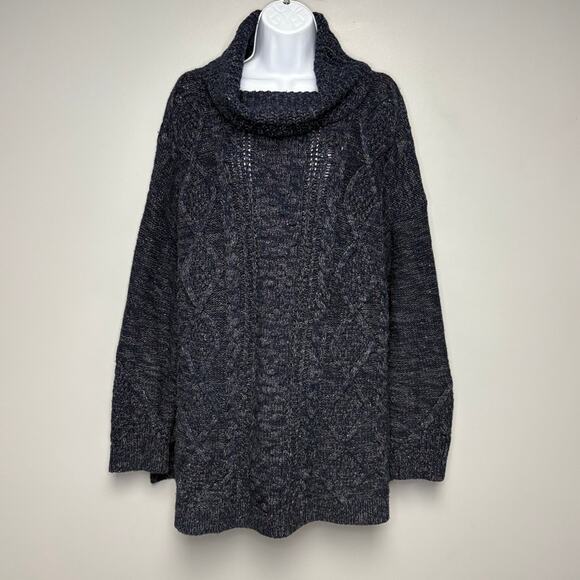 Land's End Navy Blue Cable Bubble Knit Cowl Turtle Neck Sweater Womens Sz L - Picture 1 of 6
